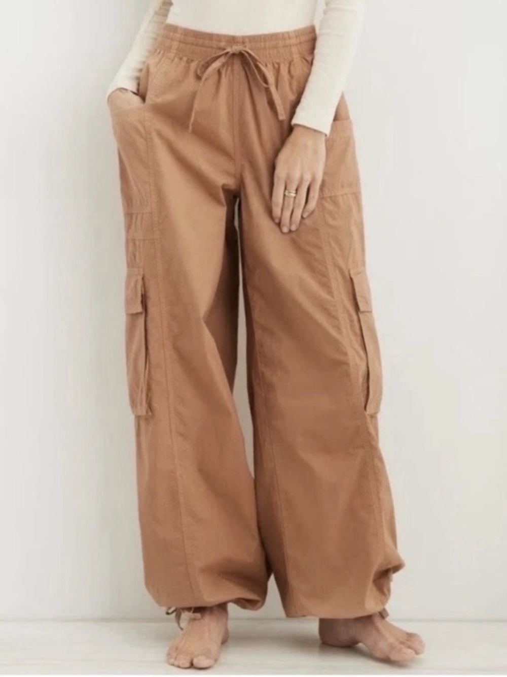 Aerie High Waist Baggy Cargo Parachute Pants in Color Beach Dune 1X